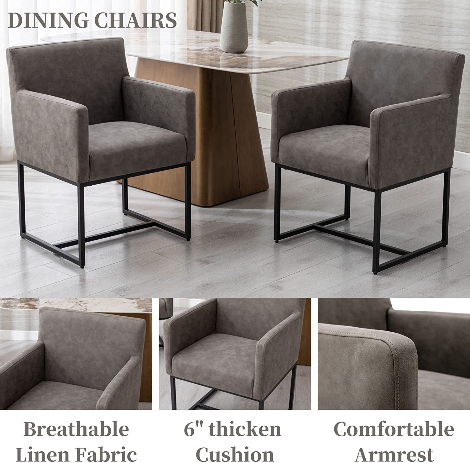 Set Of 4 Grey Upholstered Armchairs With Linen Fabric