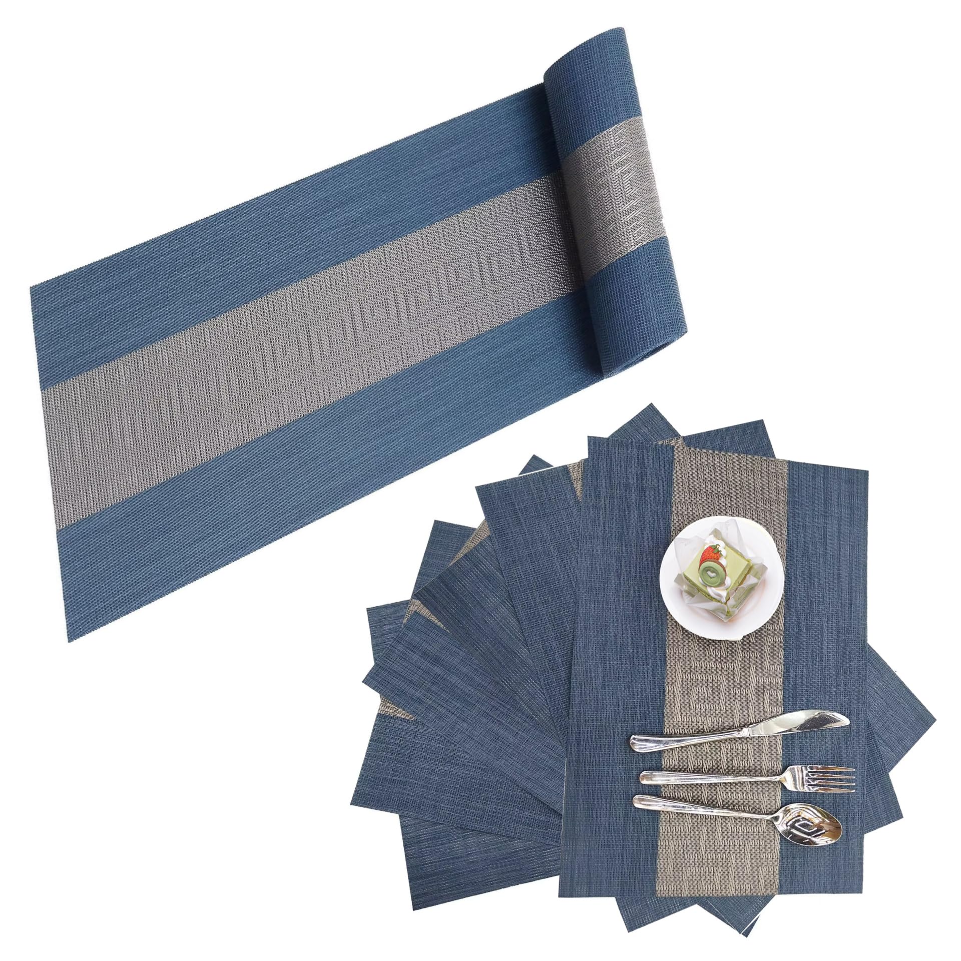 Placemats with Table Runner Set Place Mats Woven Crossweave Placemat Vinyl Kitchen Tablemat Washable PVC Table Mats for Dining Table Parties Farmhouse Thanksgiving Christmas & Gathering (Blue C)
