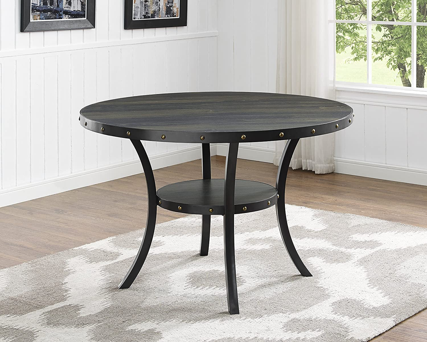 Tan Fabric Nailhead Dining Set 5 Piece Round Table