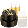 Supernal 350pcs Black and Gold Plastic Dinnerware SetBlack Plastic Plates with Gold RimBlack and Gold Plastic PlatesGold Plastic SilverwareGold CupsGreat for BirthdayPartyChristmas