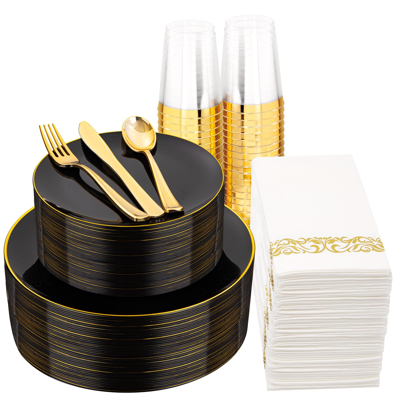 Supernal 350pcs Black and Gold Plastic Dinnerware SetBlack Plastic Plates with Gold RimBlack and Gold Plastic PlatesGold Plastic SilverwareGold CupsGreat for BirthdayPartyChristmas