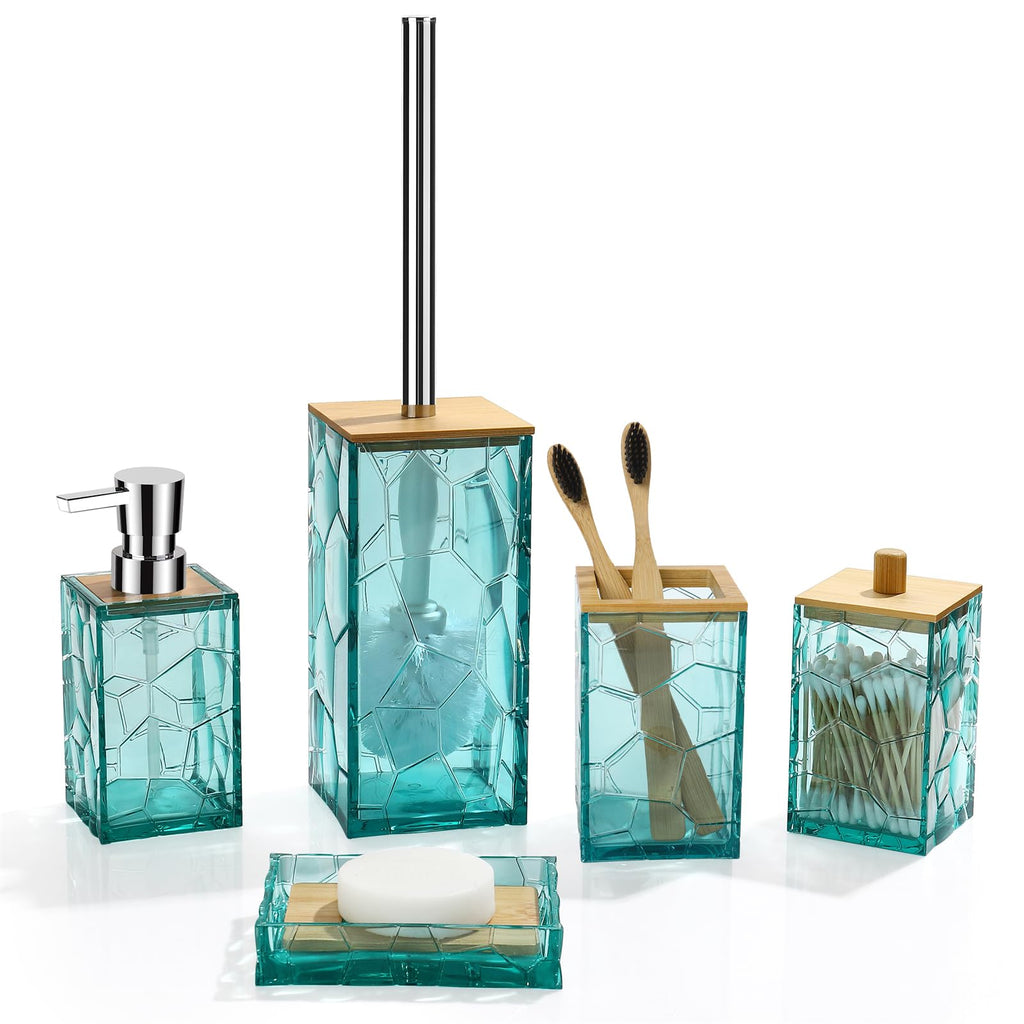 GAHEFY Teal Blue Beach Bathroom Accessories Set Toothbrush Holder Soap Dispenser Cotton Swabs Holder Soap Dish Toilet Brush with Holder Boho Bamboo Bathroom DecorAcrylic (Teal)