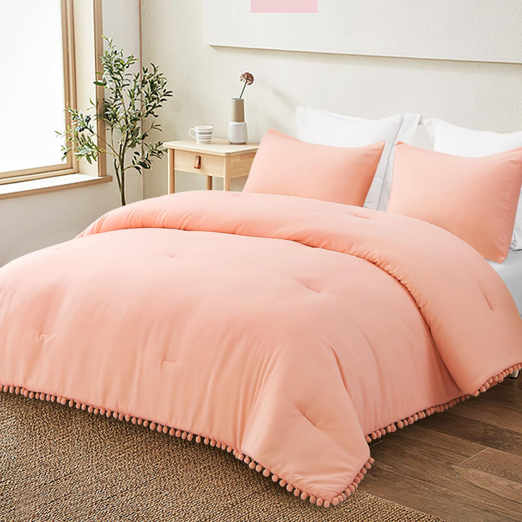 Exclusivo Mezcla Boho Pom Pom Ball Fringe Twin Comforter Set 2 Piece Bright Pink Lightweight Down Alternative Bedding Comforter Sets for All Seasons (1 Comforter and 1 Pillowcase)