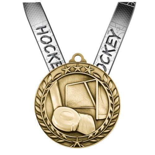 Decade Awards Hockey Wreath Medal - Gold | Gold Hockey Medal - 2.75 Inch Wide (Hockey Ribbon)