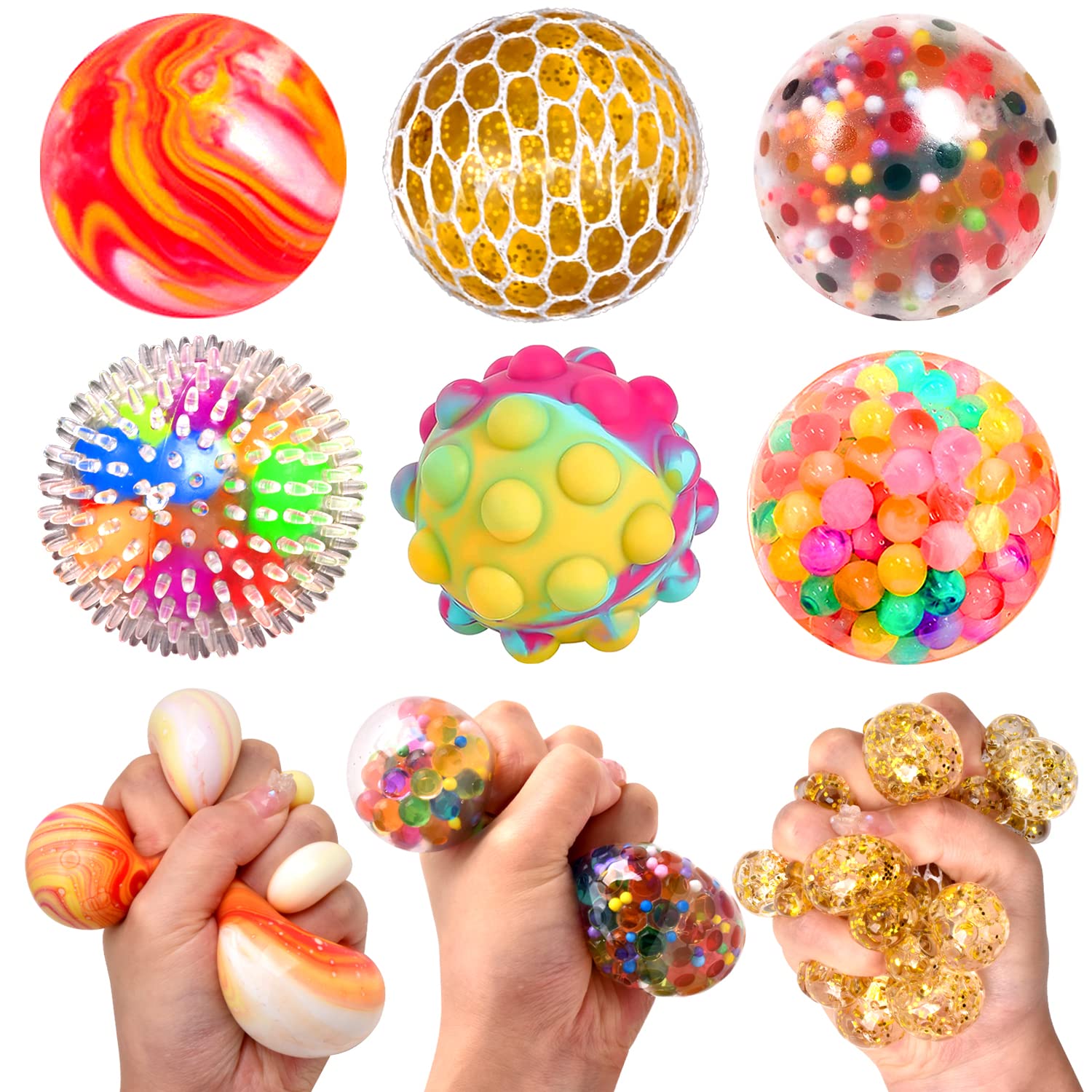 6 Pack Squishy Stress Balls Stress Relief Tool for Adults Squeeze Ball Pop Fidget Ball Mesh Ball Color Change Ball Help to Relax Decompress and Focus 2.4 inches