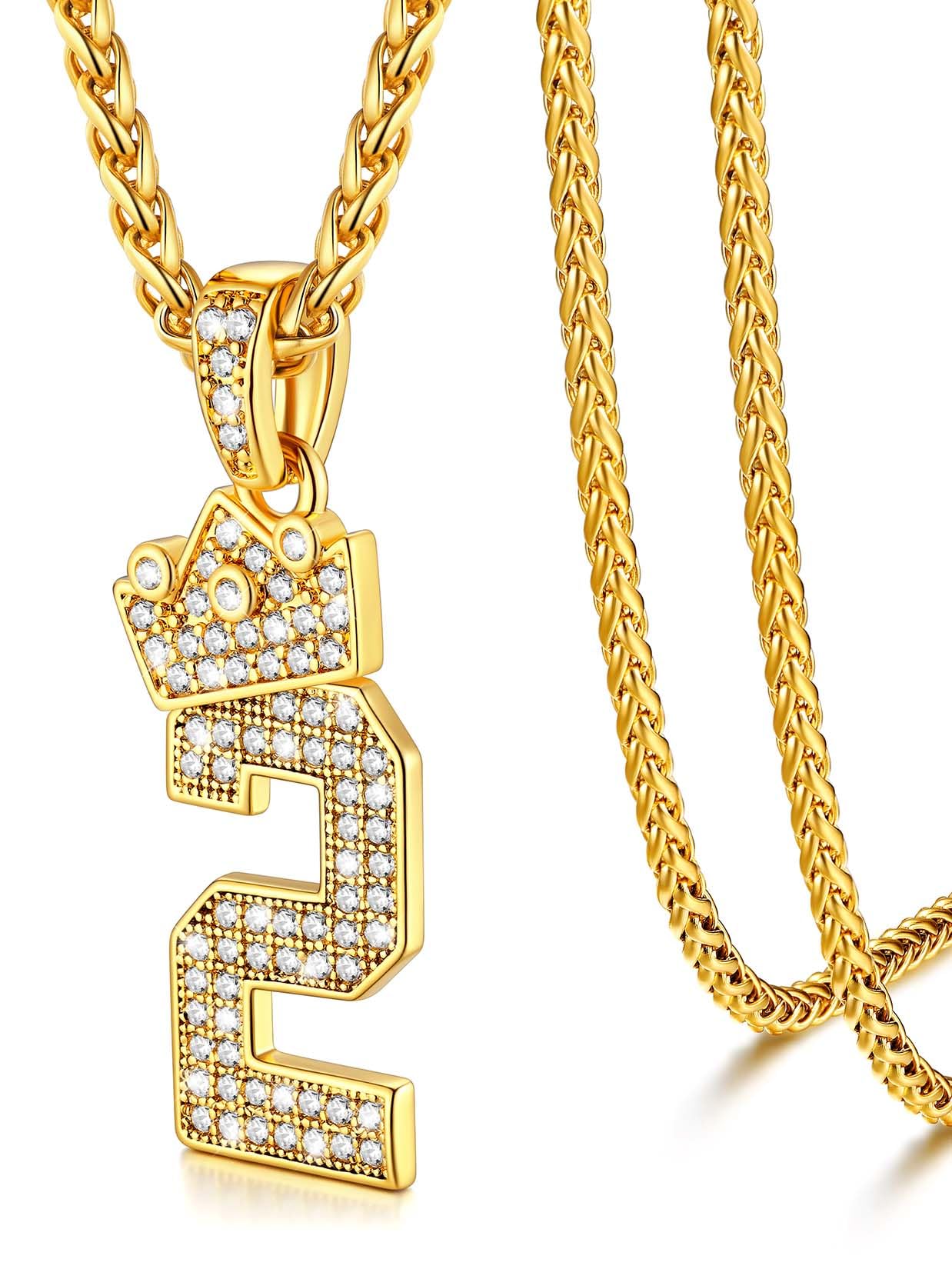 U7 Number 2 Necklace for Men Sport Player CZ Crown Number Necklace Digit Pendant with Gold Wheat Chain 22" Hip Hop Jewelry Gift for Son