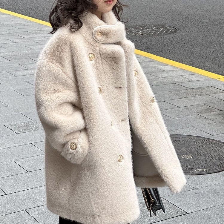 Color: Beige, Size: 160 - New Mid-length Winter Faux Fur Coat For Girls