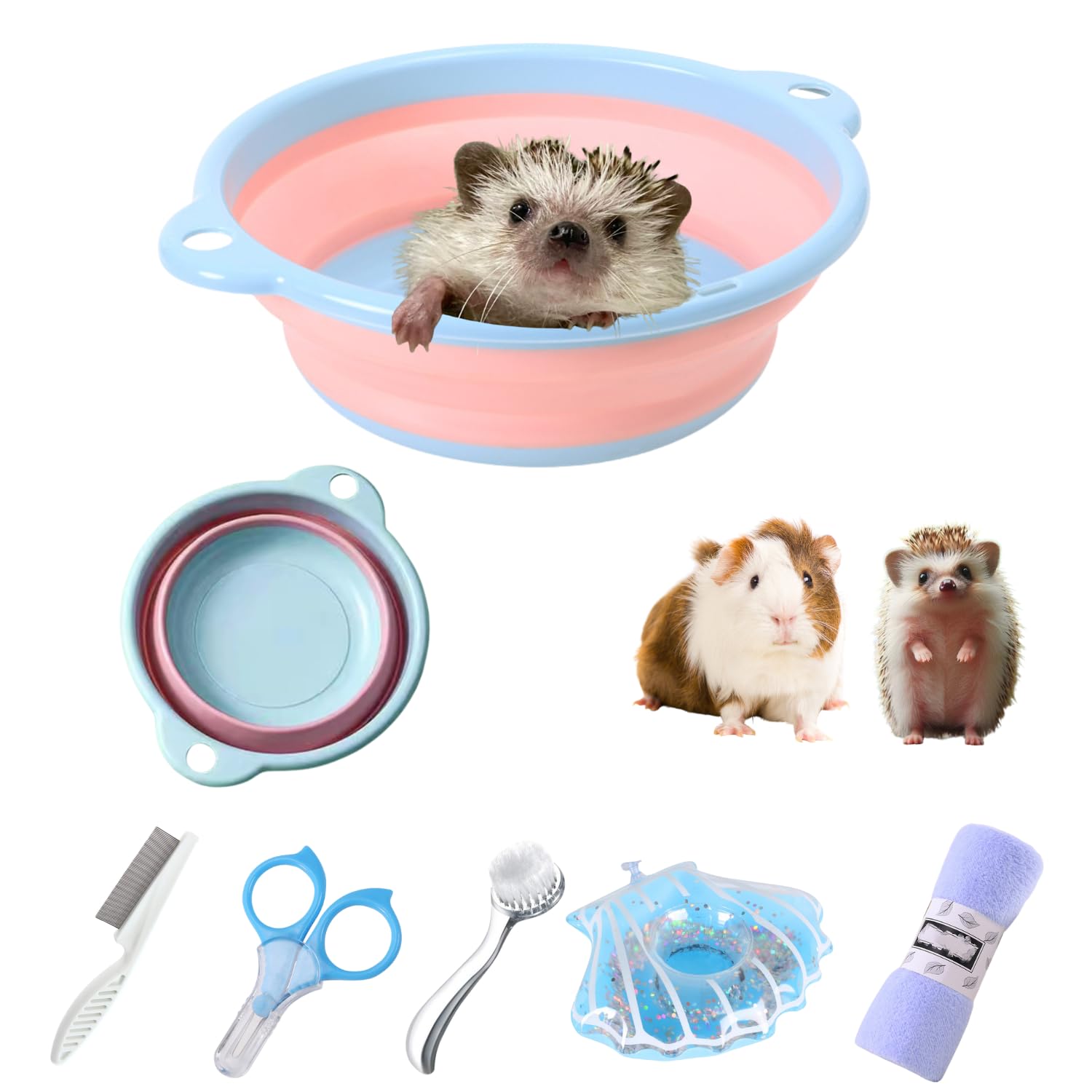 6 Pcs Hedgehog Bath Supplies Kit Foldable Bathtub and Cleaning Brush with Pet Hair Comb Pet Nail Clipper Swimming Ring Towel for Small Animal Hamster Bunny Guinea Pig Lizards Turtle
