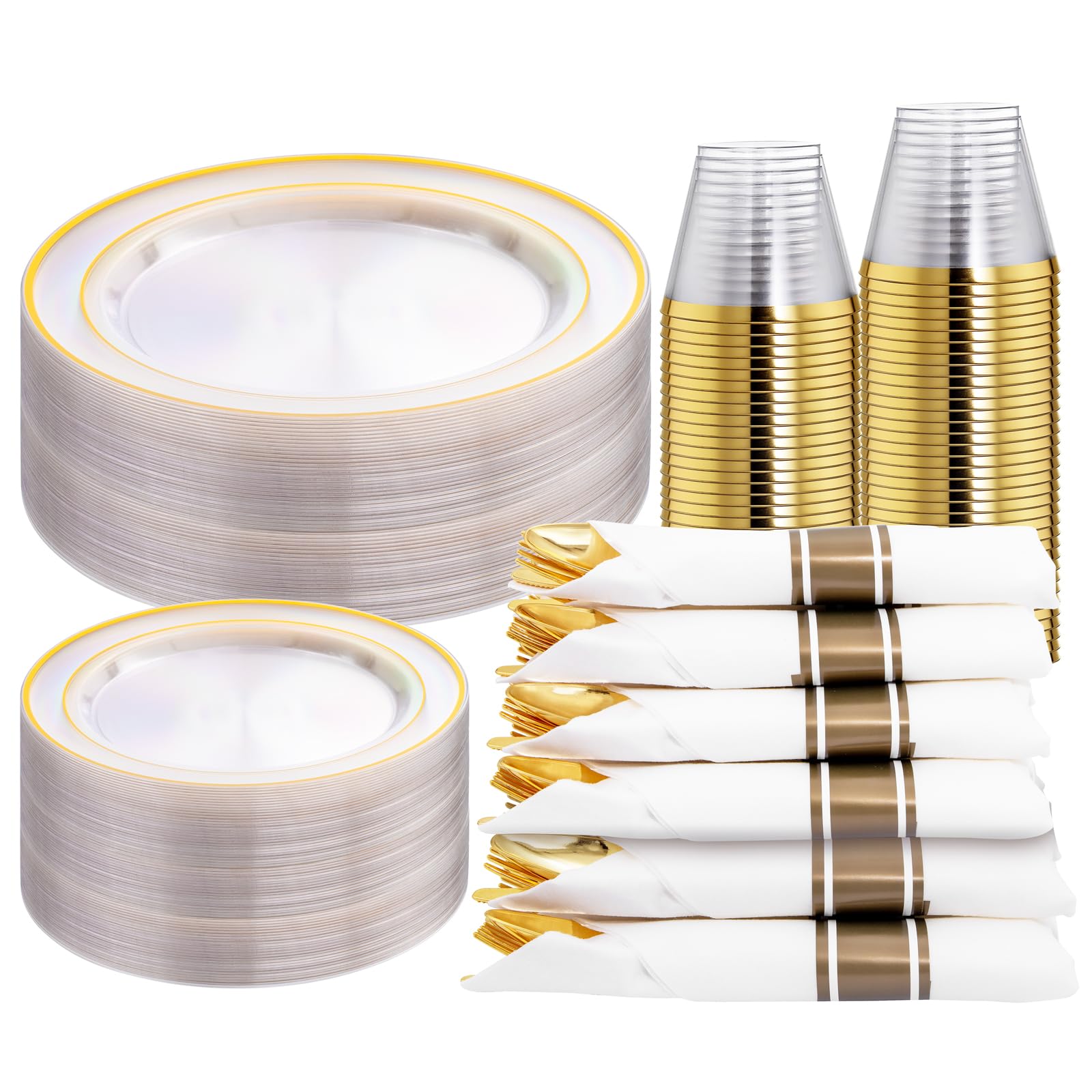 WELLIFE 210PCS Clear-Gold Plastic Plates - Gold Plastic Dinnerware Sets for 30 Guests - 60 Gold Disposable Plates 90 Gold Plastic Silverware 30 Cups 30 Napkins for Party