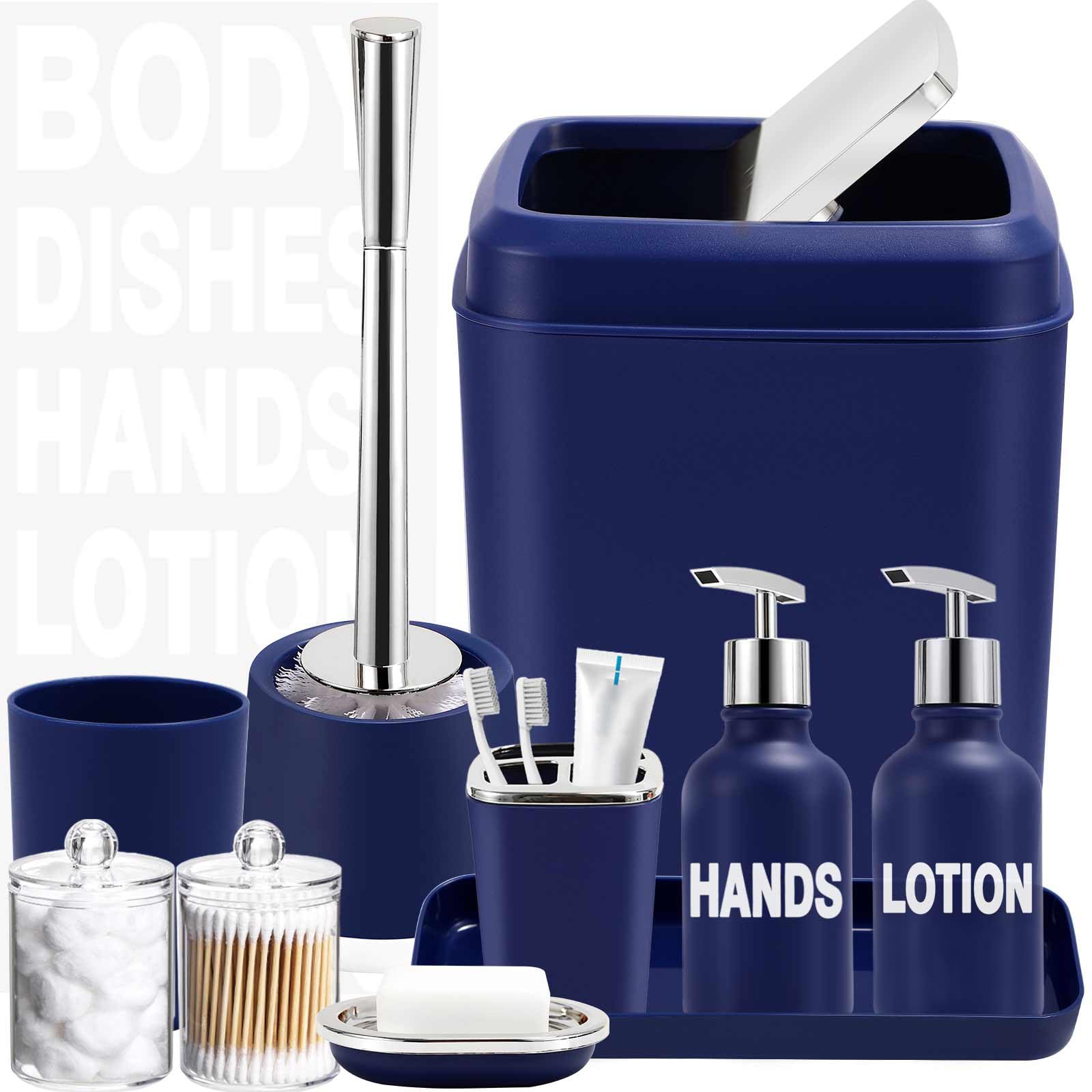 XLHOMO Navy Blue Bathroom Accessories Set - 10 Piece Bathroom Set with Trash Can and Toilet Brush Soap Dispenser Toothbrush Holder and Cup Soap Dish and Qtip Holder for Housewarming Gift