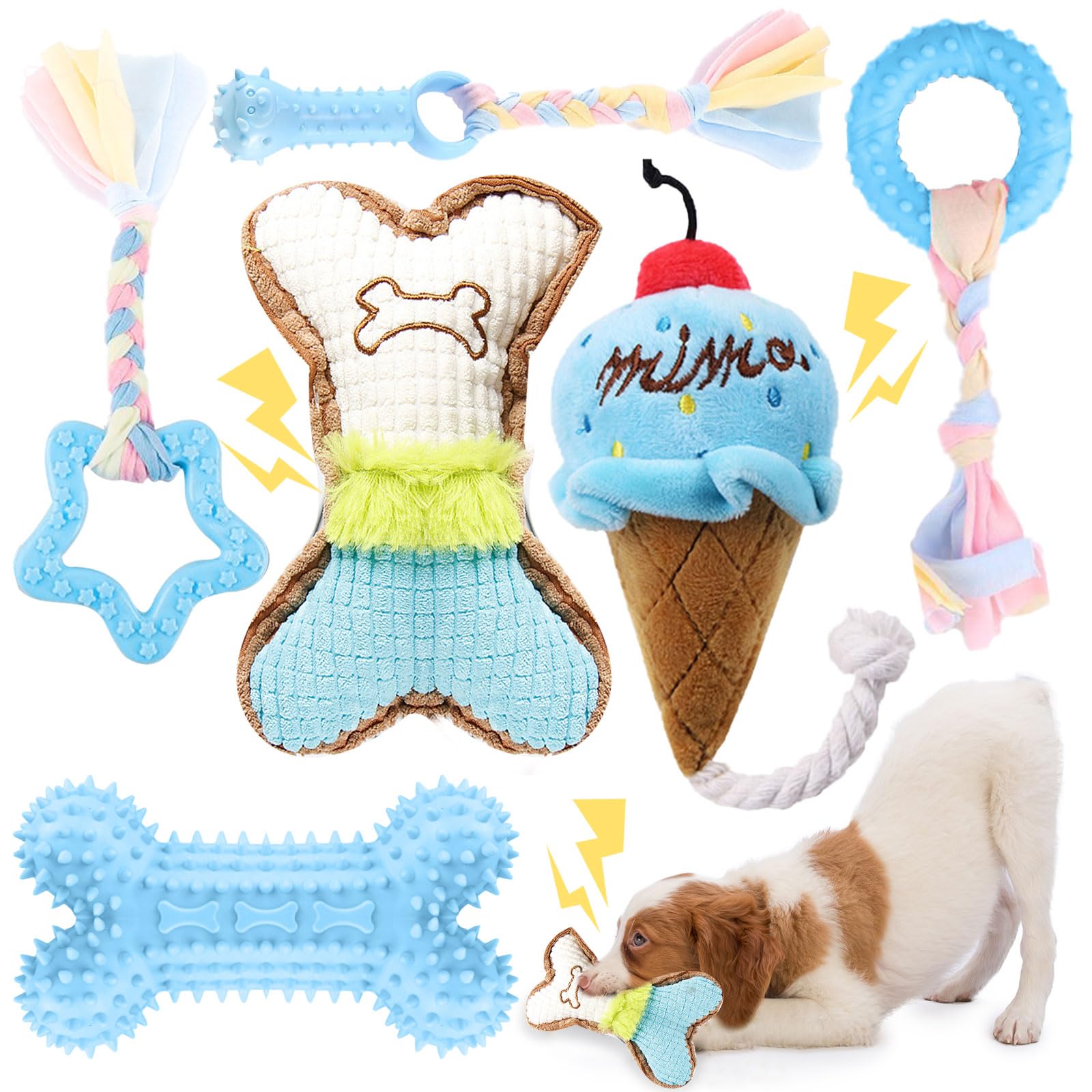 BAEJMJK 6 Pack Puppy Teething Toys Blue Small Breed Dog Chew Toys with Rope Cute Plush Squeaky Dog Toys Soft Rubber Puppy Toys Set for Cleaning Teeth Interactive Pet Doggy Bone Toys
