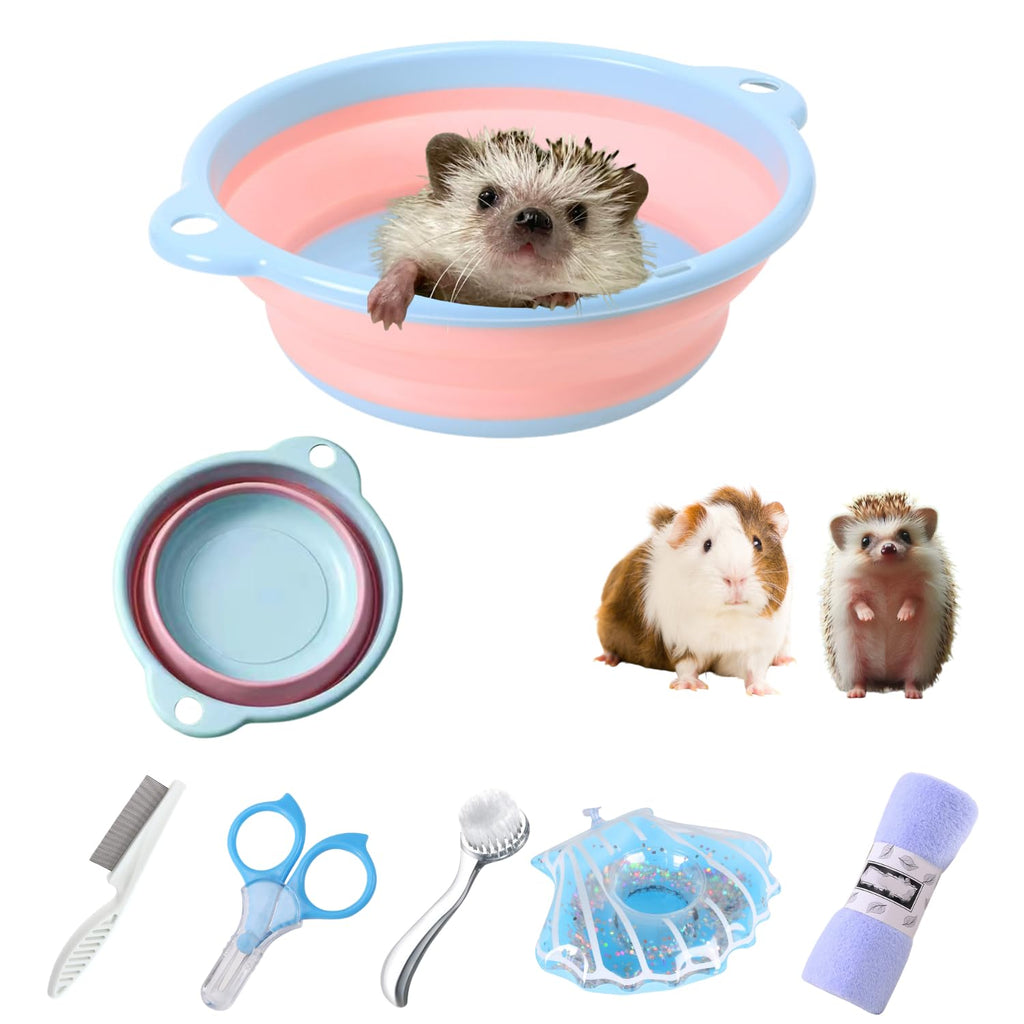 6 Pcs Hedgehog Bath Supplies Kit Foldable Bathtub and Cleaning Brush with Pet Hair Comb Pet Nail Clipper Swimming Ring Towel for Small Animal Hamster Bunny Guinea Pig Lizards Turtle