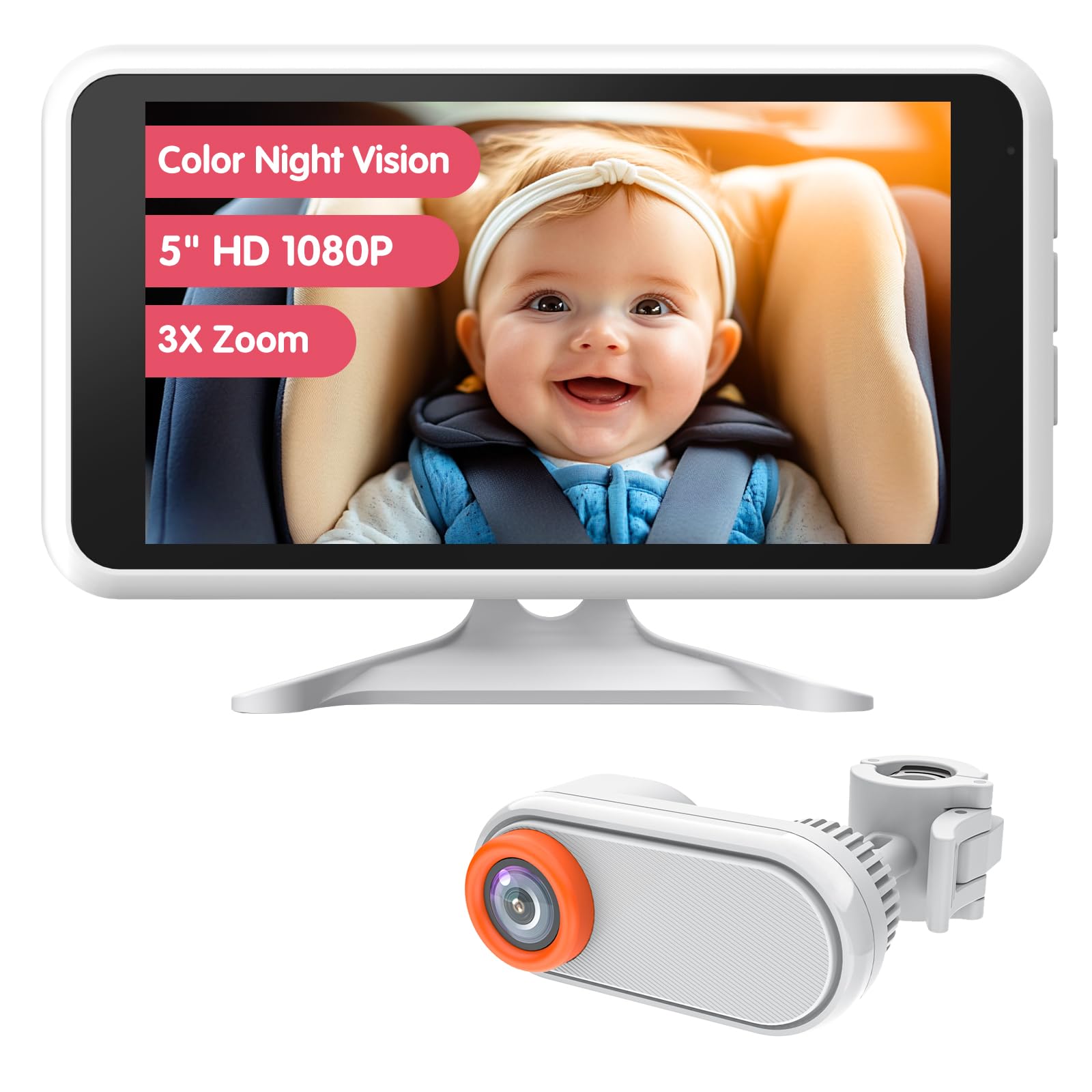 LUCKVIEW Baby Car Camera with IR Night Vision Unique Headrest Mount Car Camera for Baby 3X Zoom for Backseat Monitor White (Wired) Essential Baby Safety Item