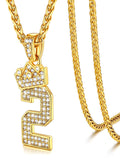 U7 Number 2 Necklace for Men Sport Player CZ Crown Number Necklace Digit Pendant with Gold Wheat Chain 22" Hip Hop Jewelry Gift for Son