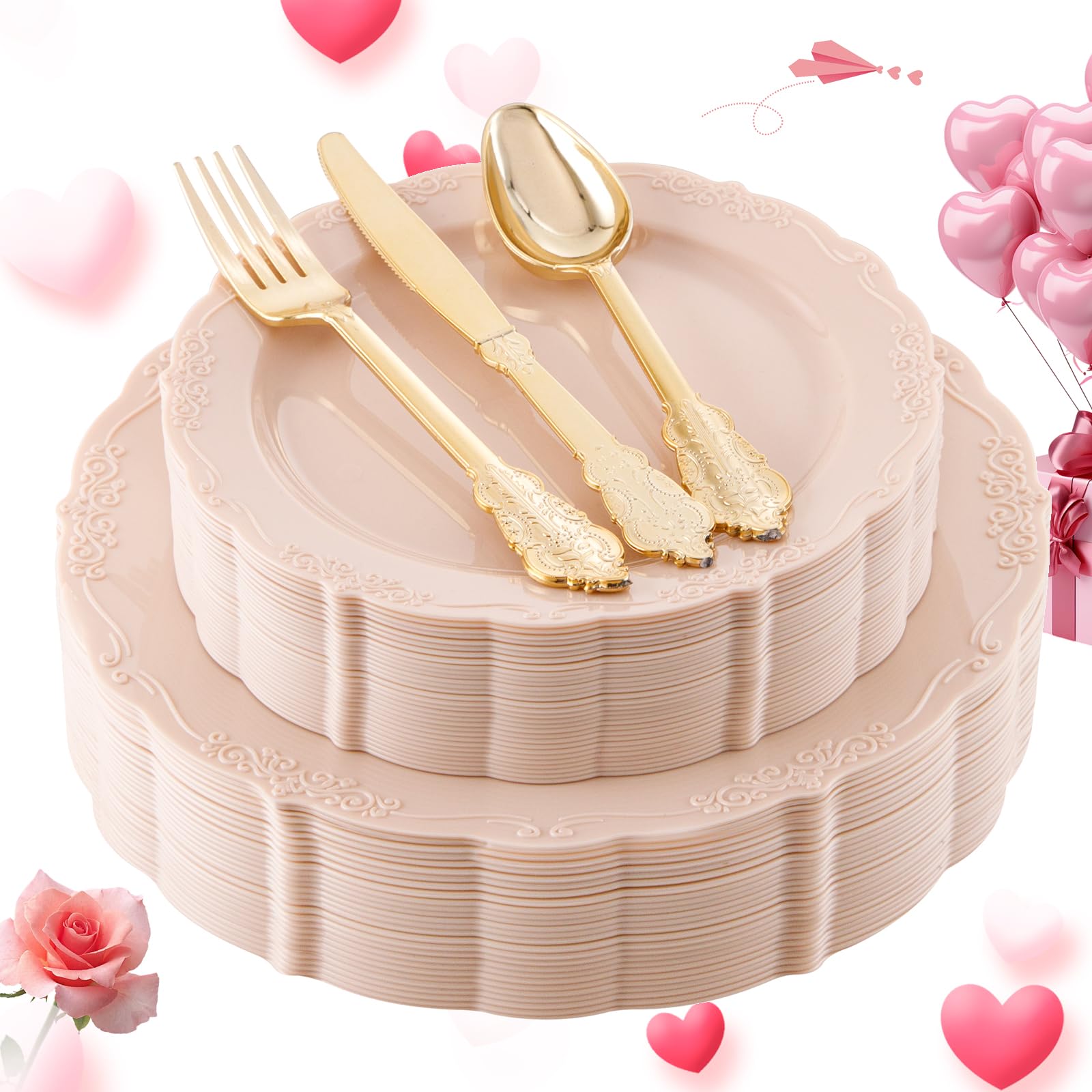 DaYammi 150Pcs Pink Plastic Plates & Gold Plastic SilverwarePink Disposable Plates for Party Include 30 Dinner Plates30 Dessert Plates30 Gold Knives30 Gold Forks30 Gold Spoons for Valentines day