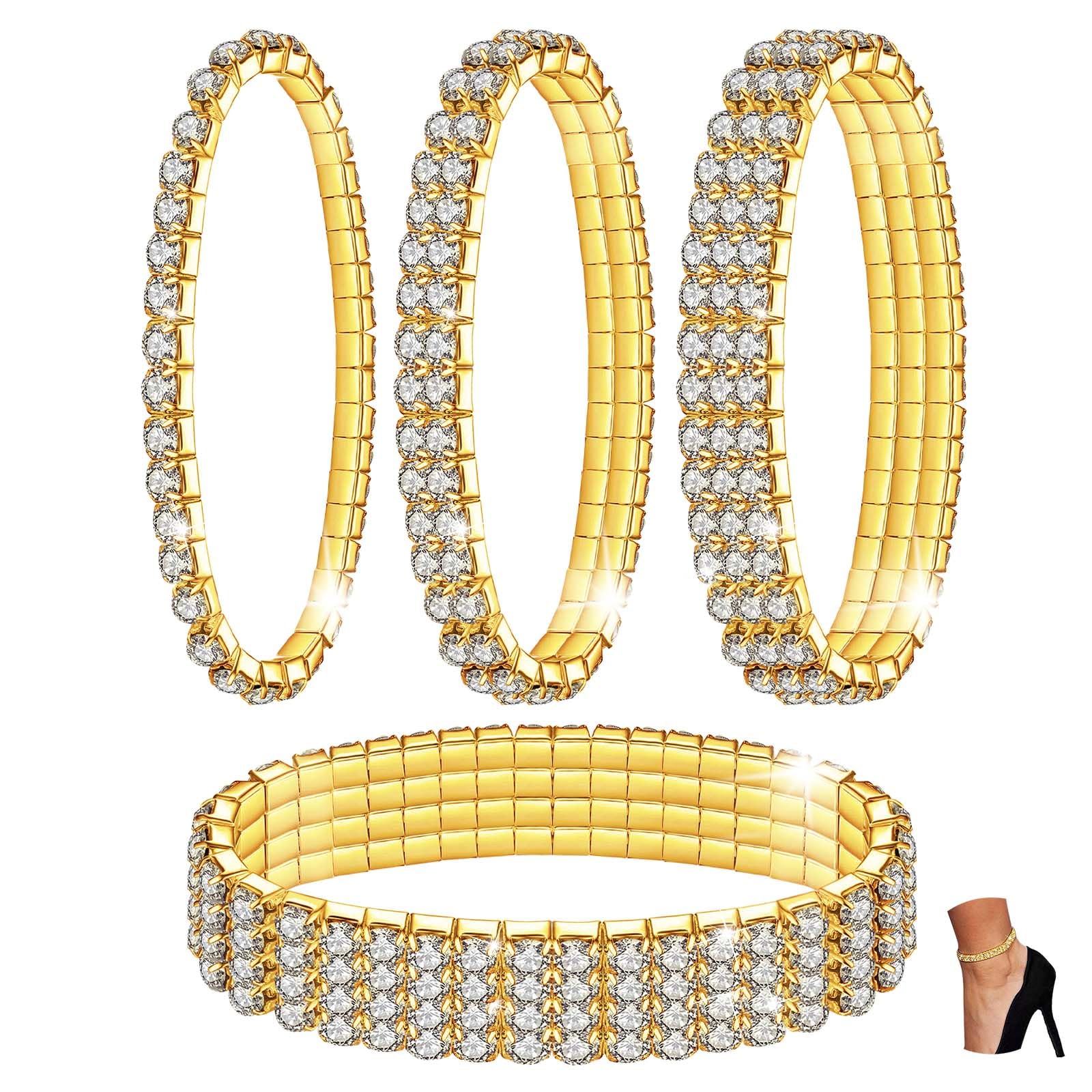 Kucheed 4PCS Twinkle Diamond Anklet Elastic Bling Shining Foot Jewelry Rhinestones Bridal SummerAnkle Bracelet Jewelry (Gold)