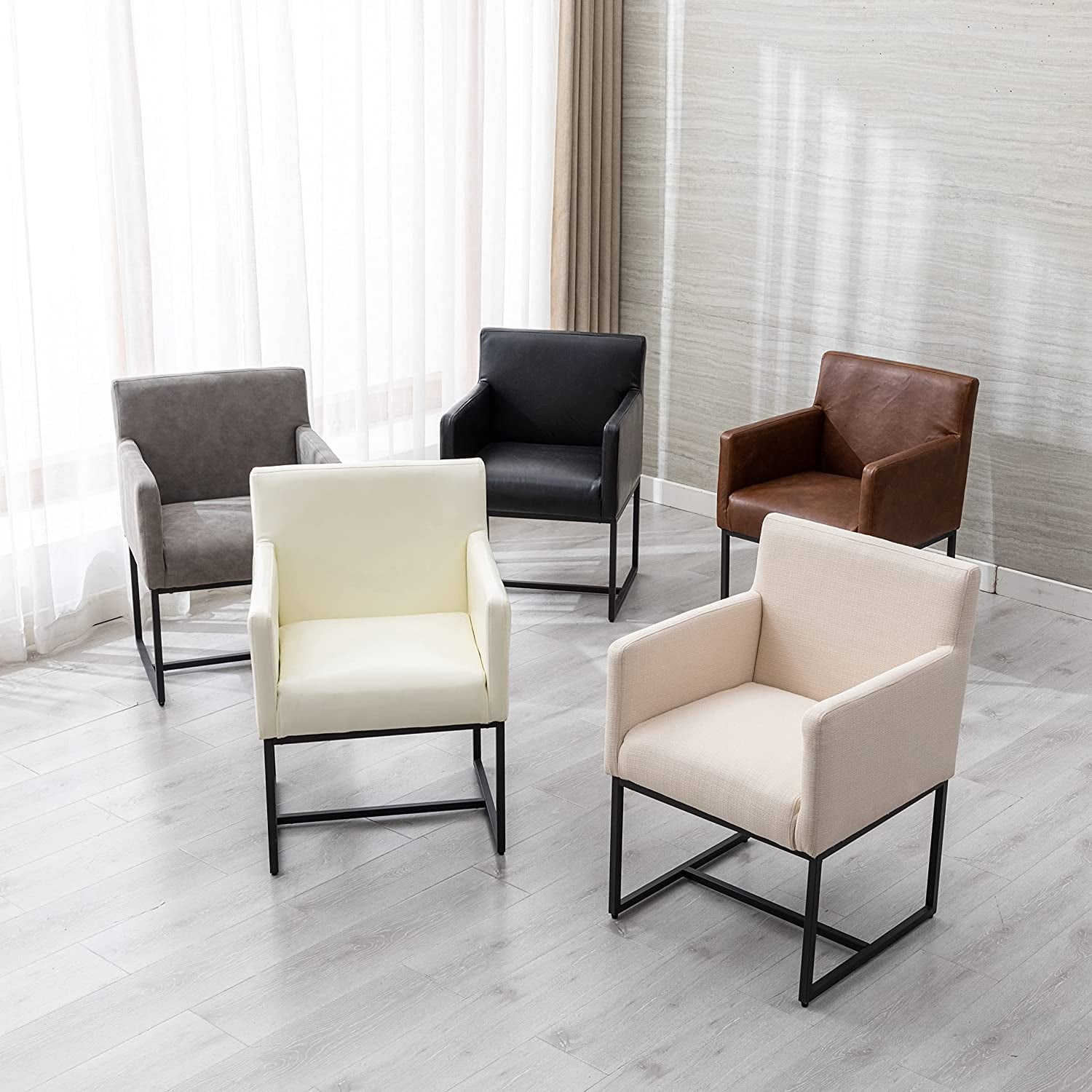 Set Of 4 Grey Upholstered Armchairs With Linen Fabric