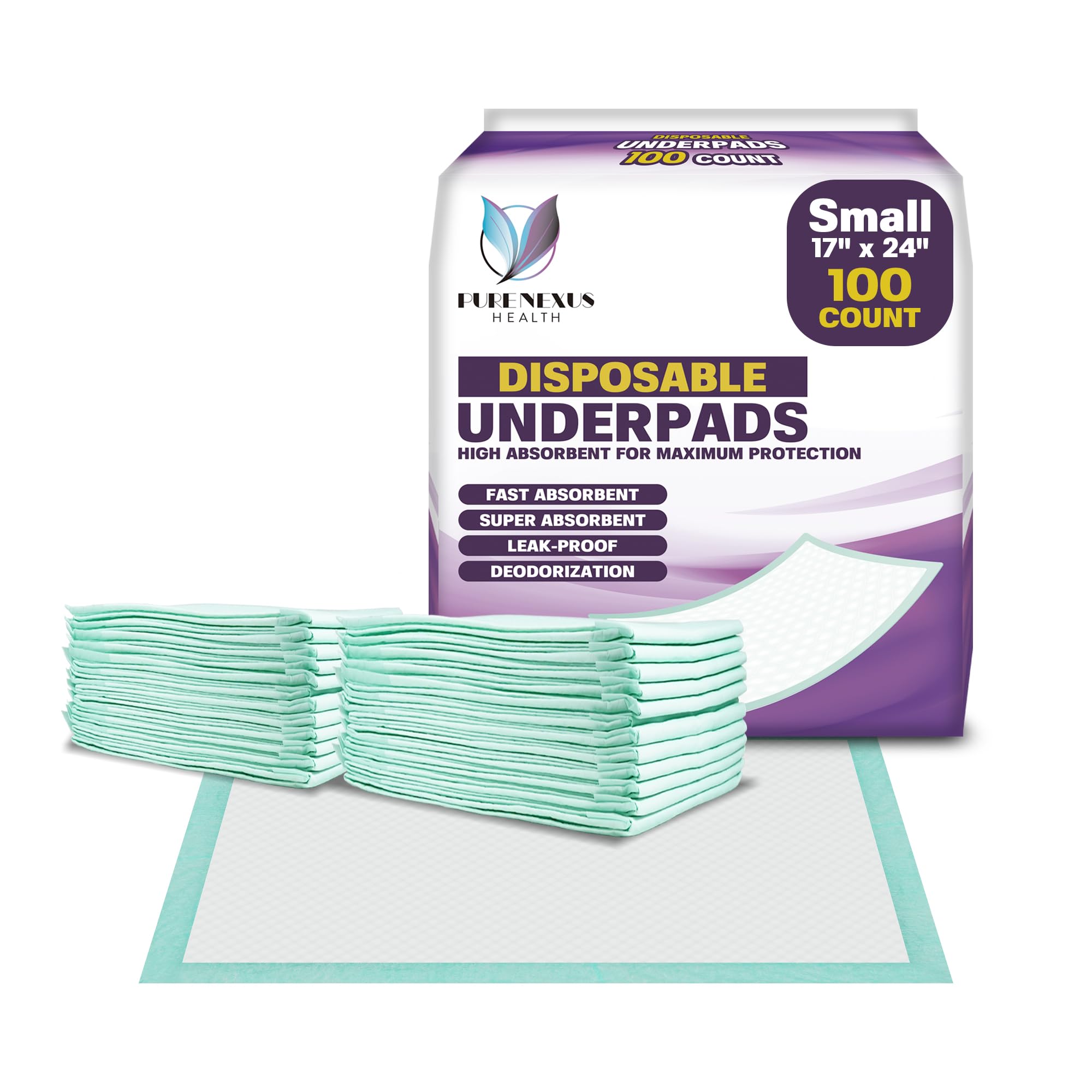 PureNexus Health Disposable Bed Pads for Adults 17" x 24" (100 Count) - Super Absorbent and Waterproof - Incontinence Bed Pads Chuck Pads Chux Pads Changing Pads for Baby Pee Pads for Kids
