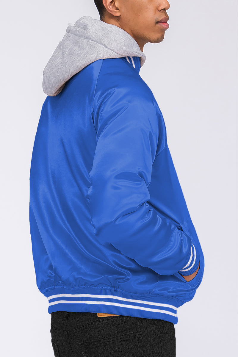 Satin Hooded Varsity Jacket Snap Button Closure BJ220