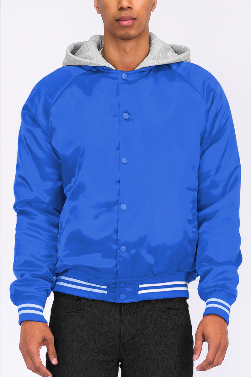 Satin Hooded Varsity Jacket Snap Button Closure BJ220