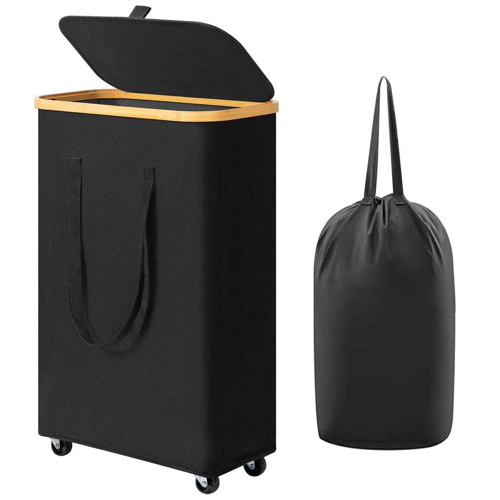 Chirslley 60L Slim Laundry Basket with WheelsNarrow Laundry Hamper with Lid and Removable Liner Bag Foldable Clothes Hamper Organizer with Bamboo Handles for Bathroom Dorm Bedroom Black