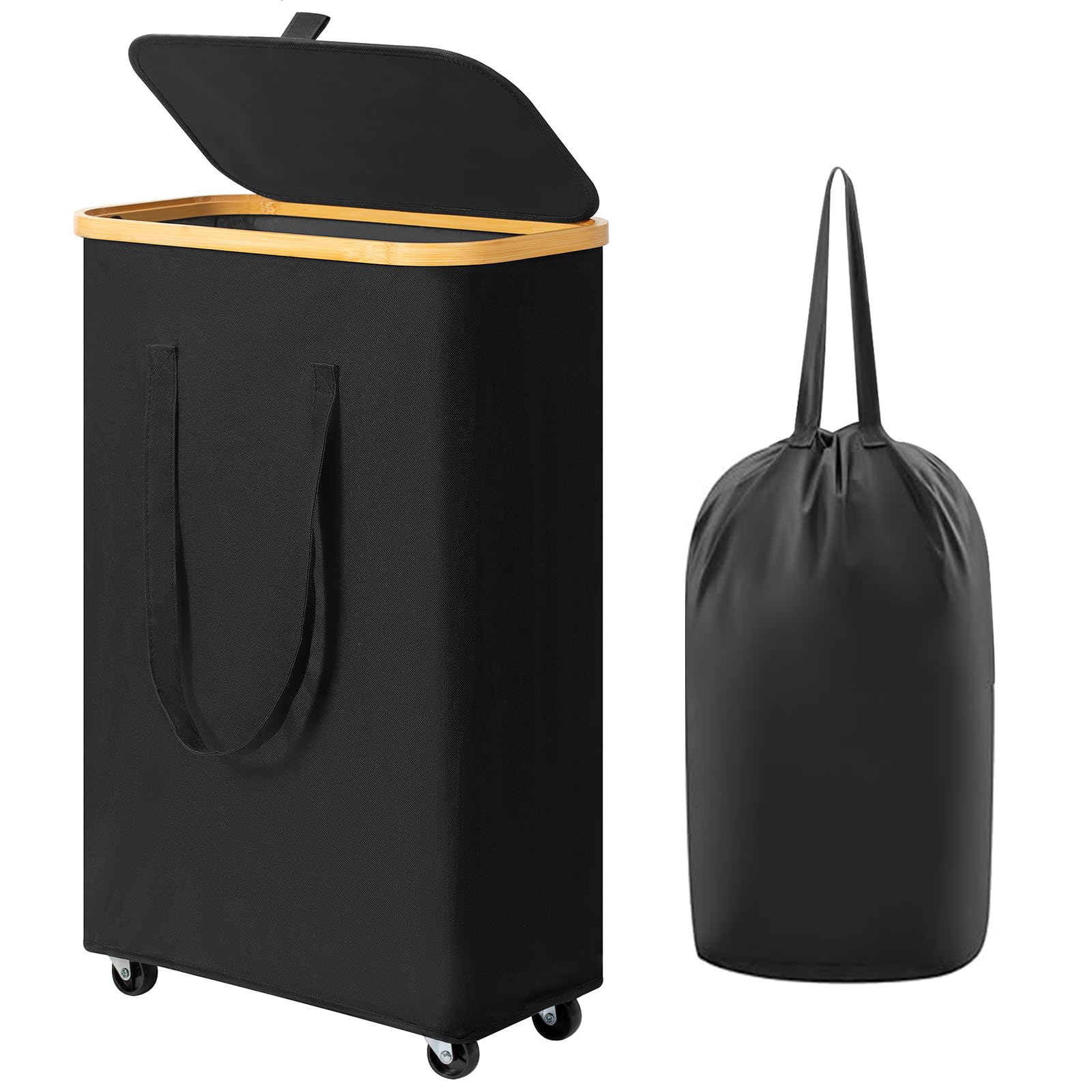 Chirslley 60L Slim Laundry Basket with WheelsNarrow Laundry Hamper with Lid and Removable Liner Bag Foldable Clothes Hamper Organizer with Bamboo Handles for Bathroom Dorm Bedroom Black