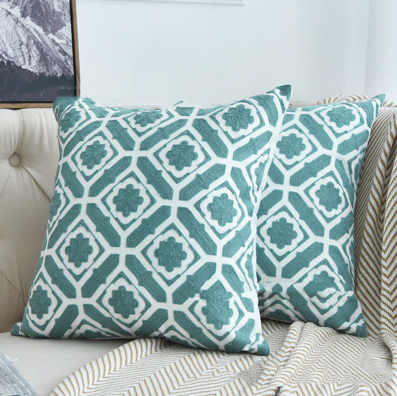 Lake Green Cotton Canvas Geometric Wool Pillow Cases
