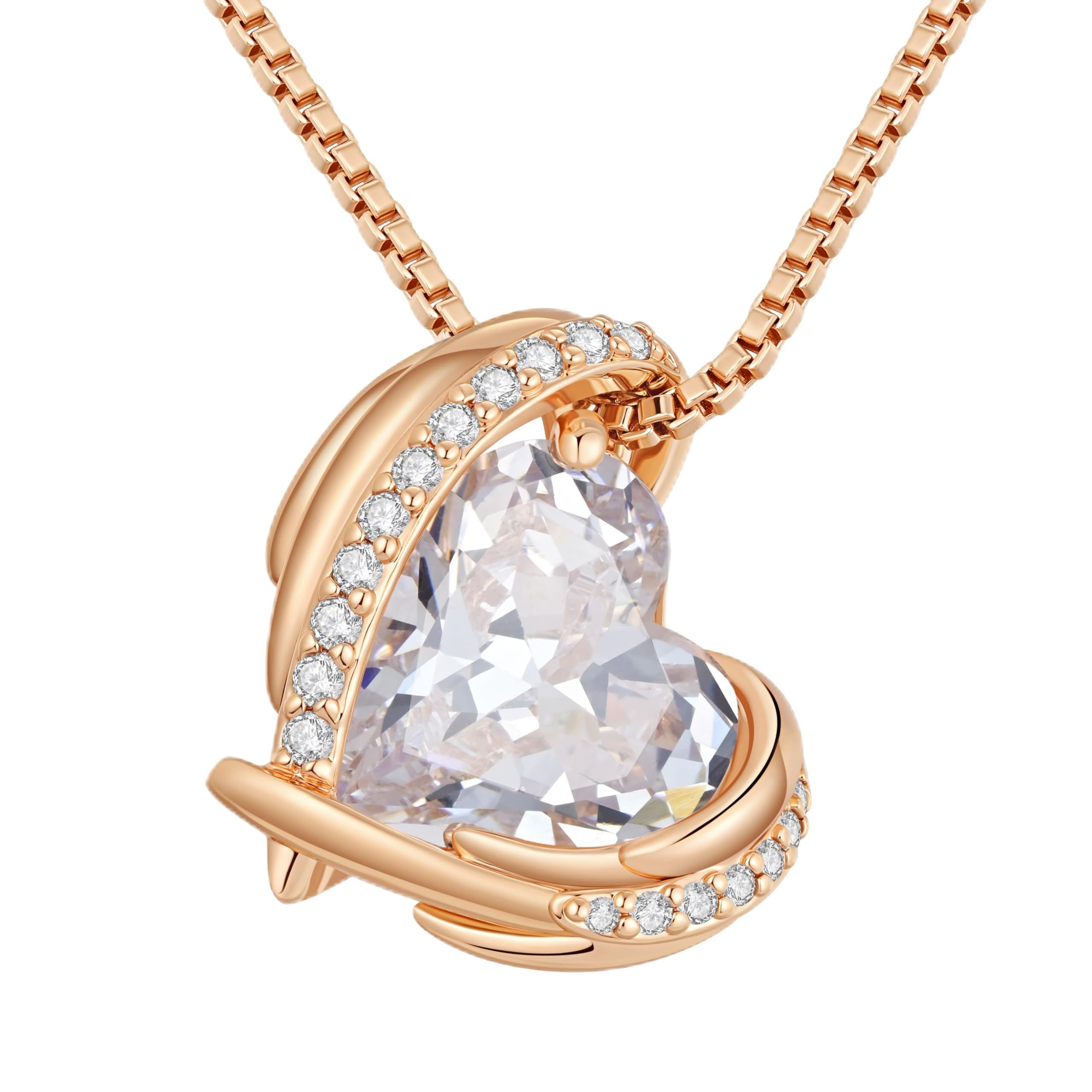 CDE Love Heart Pendant Necklaces for Women Silver Tone Rose Gold Tone Birthstone Christmas Jewelry Gifts for Women Birthday/Anniversary Day/Valentines Day (Cubic Zirconia Rose Gold Plated-04-April-Diamond Elegant White)