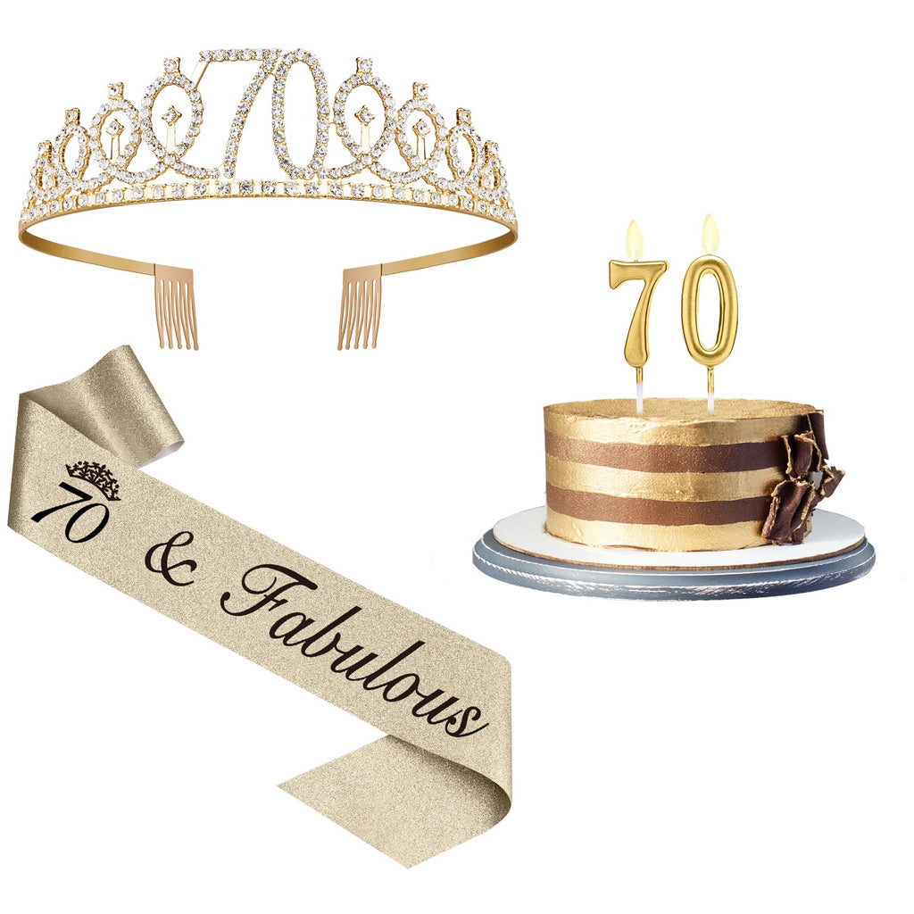 70th Birthday Decorations for Women Gold 70th Birthday Sash and Tiara Gold Number 70th Birthday Candles 70th Birthday Gifts for Women (Gold)