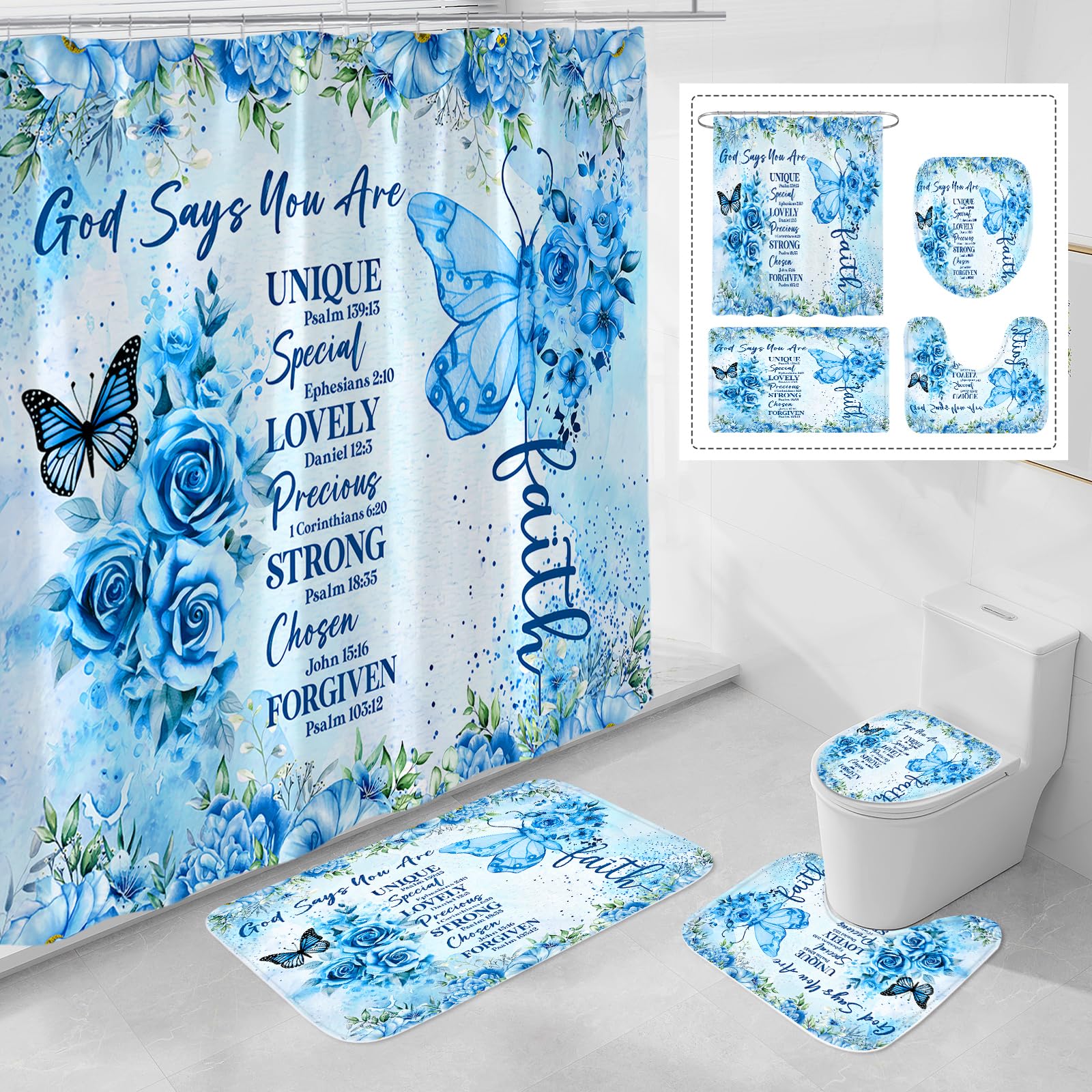 Litabel 4 Pcs Blue Butterfly Inspirational Quotes Shower Curtain Set with Rugs and Toilet Lid Cover Colorful Boho Waterproof Fabric Bathroom Set Bible Verse Floral Bathroom Decor Set Accessories
