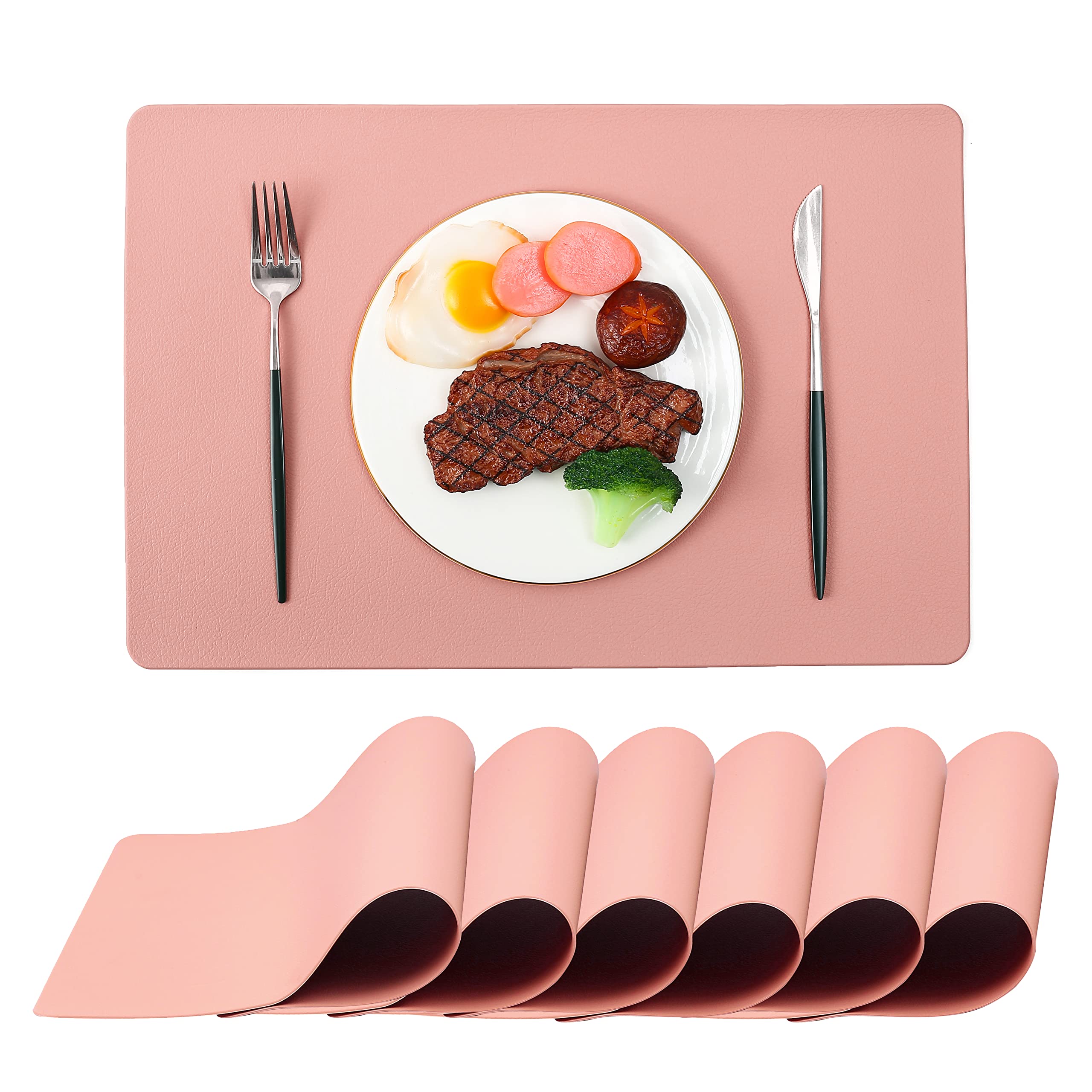 Washable Pink Placemats Set of 6 Heat Resistant Waterproof Table Mats Sets Wipeable Outdoor Indoor Placement Mats for Dining Table (Pink6)