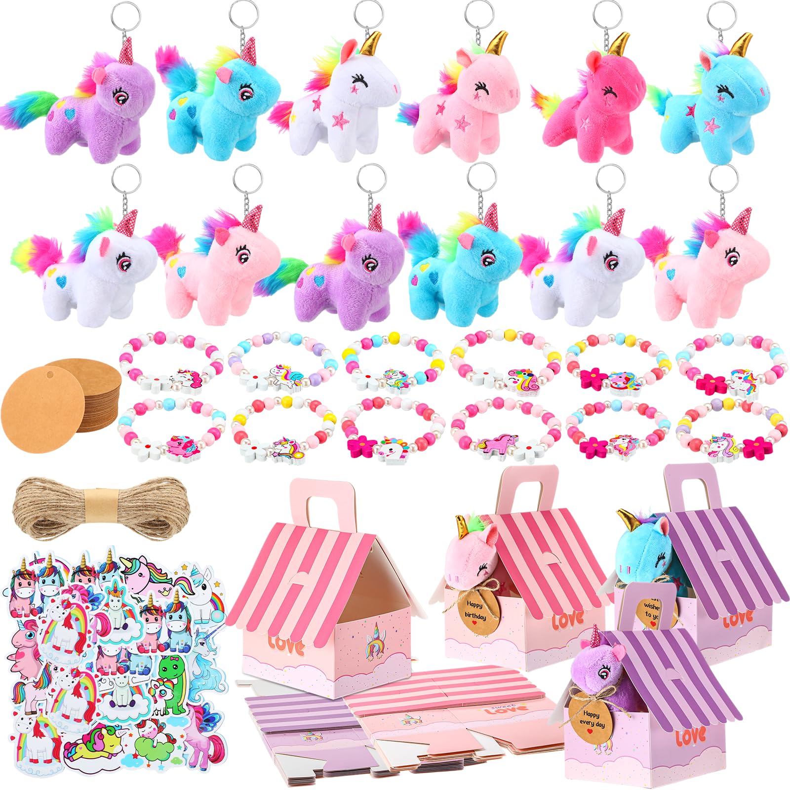 Remuuly Unicorn Valentines Gifts Unicorn Party Favor for Girls Mini Unicorns Bulk Unicorn Stuffed Animals Plush Keychains Gift Box Unicorn Bracelet Sticker for Goodie Bag Birthday Students(100 Pcs)