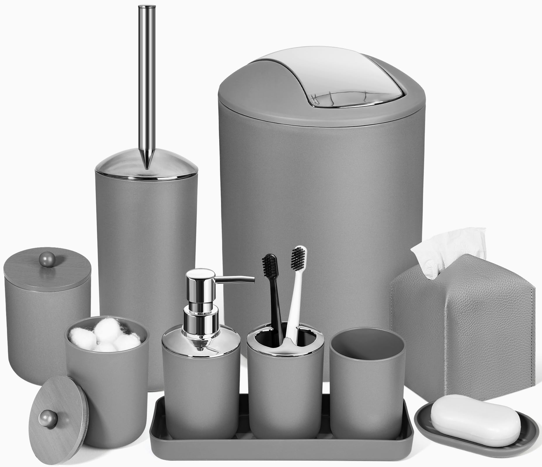 ALPIRIRAL Grey Bathroom Accessories Set 10Pcs Bathroom Accessory Set with Trash Can Soap Dispenser and Toothbrush Holder Soap Dish Cotton Ball & Qtip Holder Toilet Brush Holder Tissue Box Cover