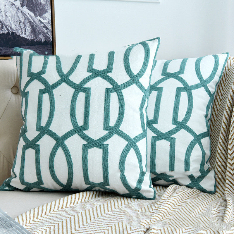 Lake Green Cotton Canvas Geometric Wool Pillow Cases