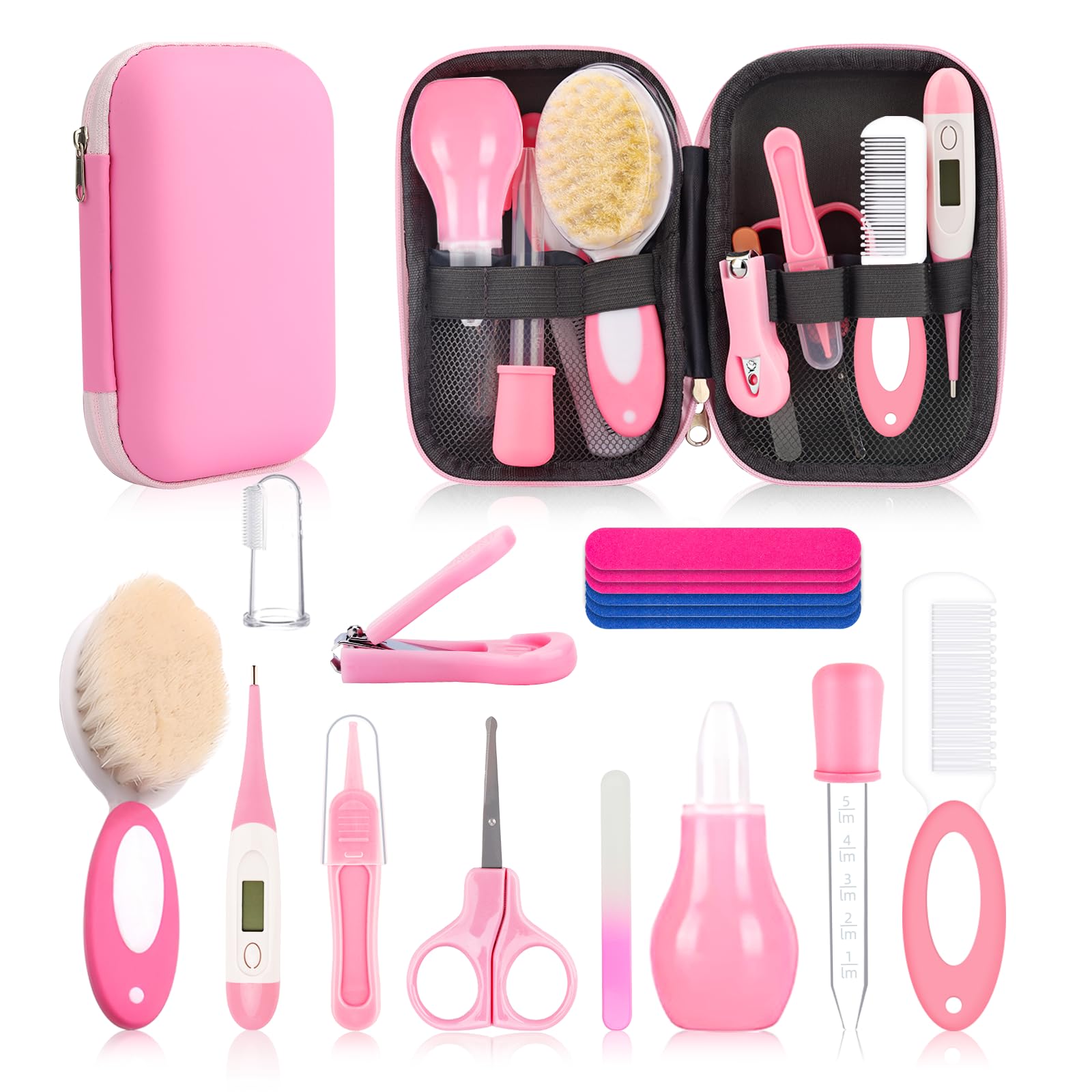 Baby Healthcare and Grooming Kit Baby Safety Set Newborn Nursery Health Care Set with Hair Brush Scale Measuring Spoon Nail Clippers (Pink 17 in 1)