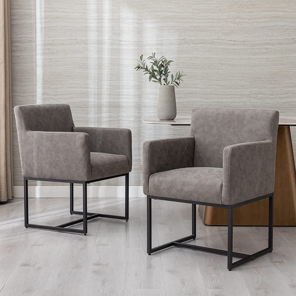 Set Of 4 Grey Upholstered Armchairs With Linen Fabric