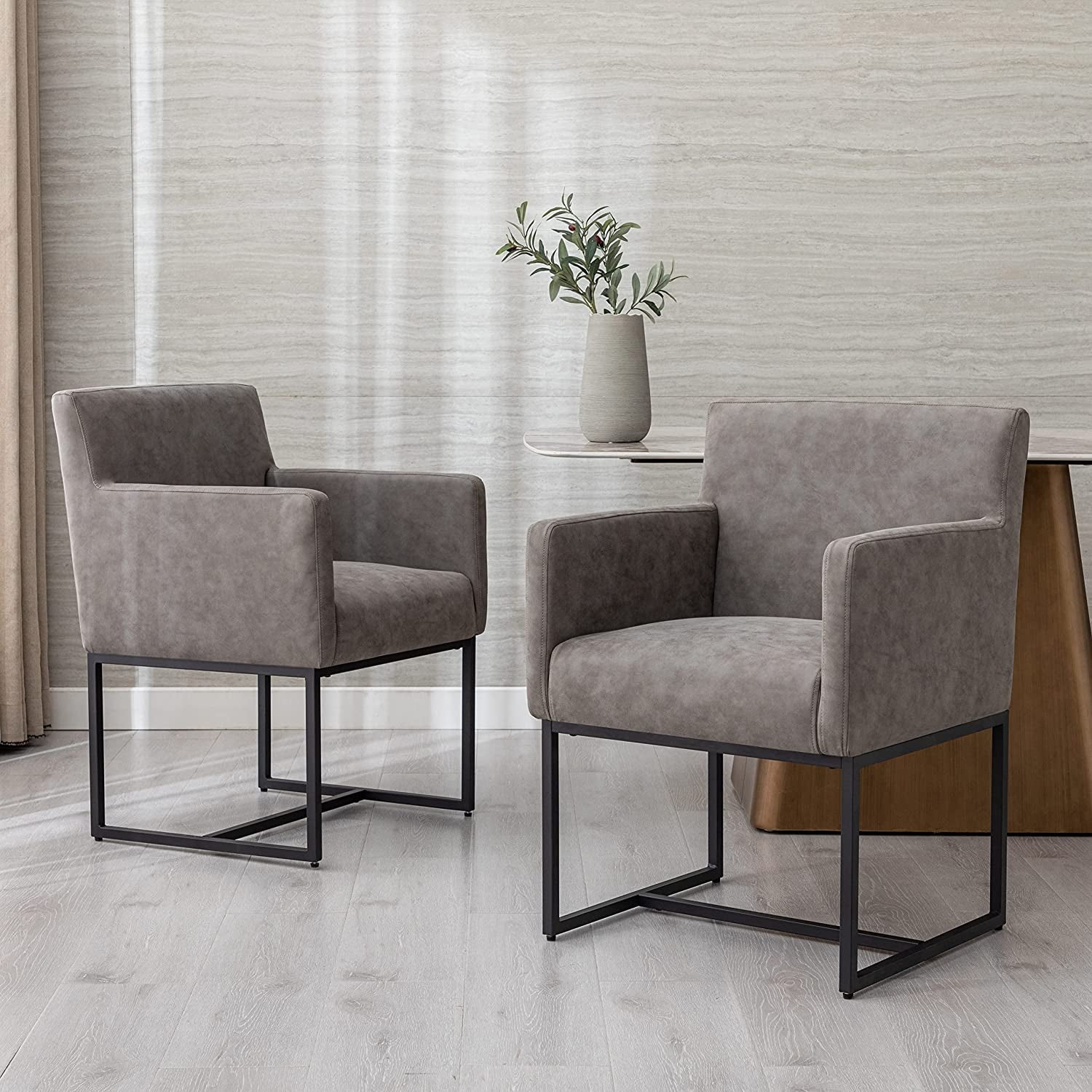 Set Of 4 Grey Upholstered Armchairs With Linen Fabric