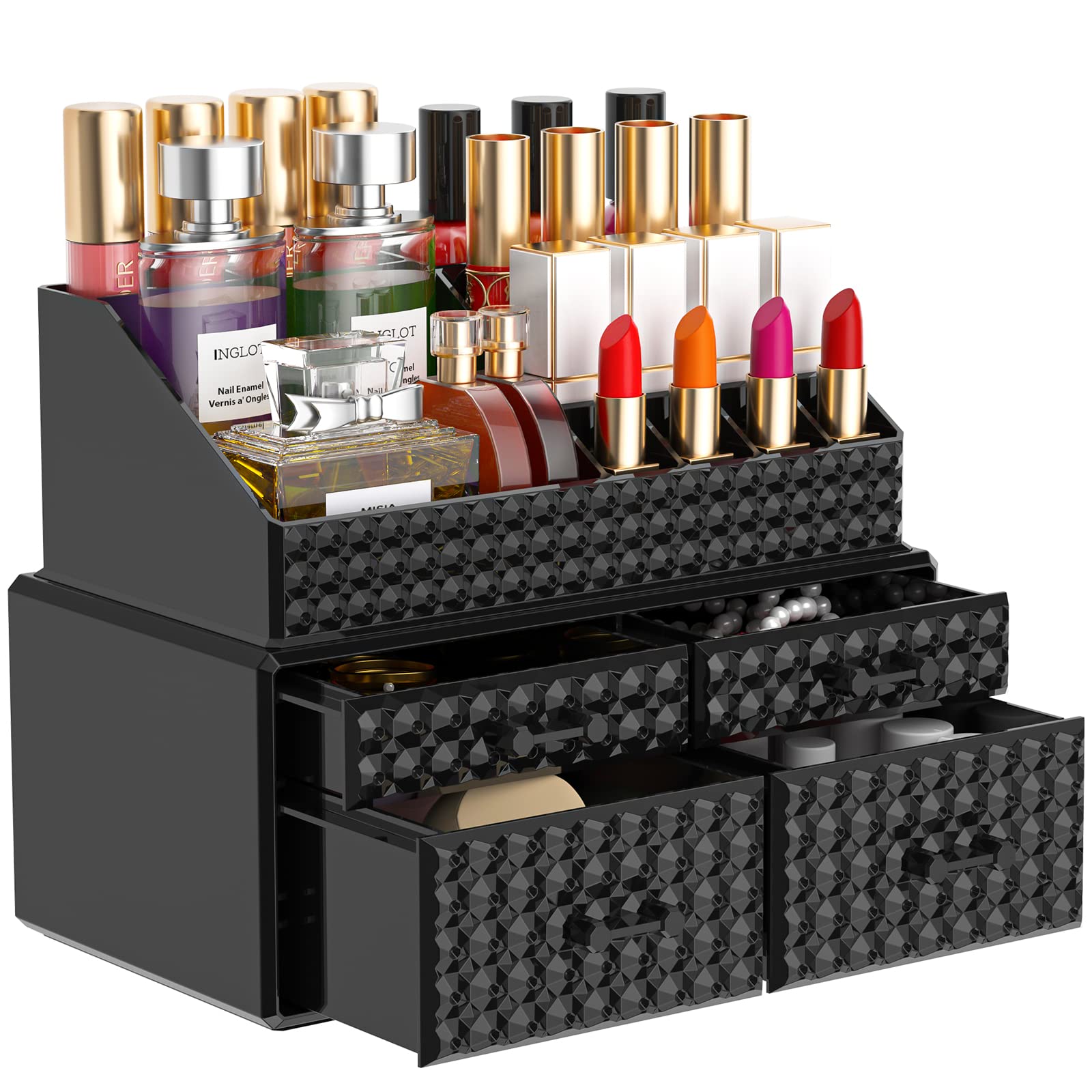 2 Pack Stackable Makeup Organizer with Drawers[Upgraded]-Black Acrylic Make up Organizers and Storage Case for CosmeticsBrushPerfumeJewelry Display Vanity and Bathroom Accessories