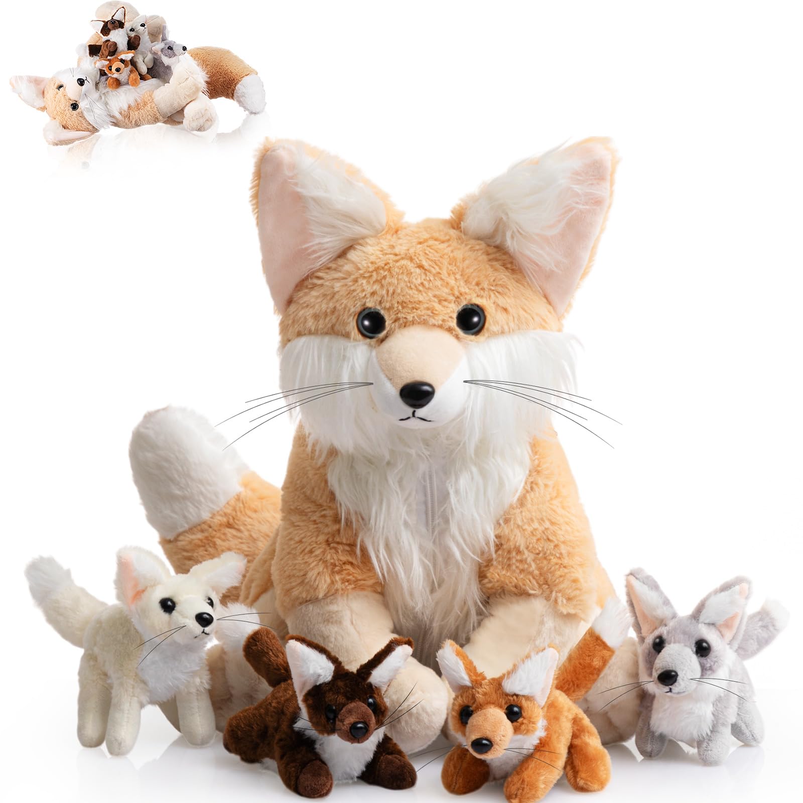 HyDren 5 Pcs Woodland Animals Plush Toys 13.4 Inch Large Fennec Fox Stuffed Animals with 4 Cute Babies Fox Plush for Valentine Birthday Gift Baby Shower Party Decor