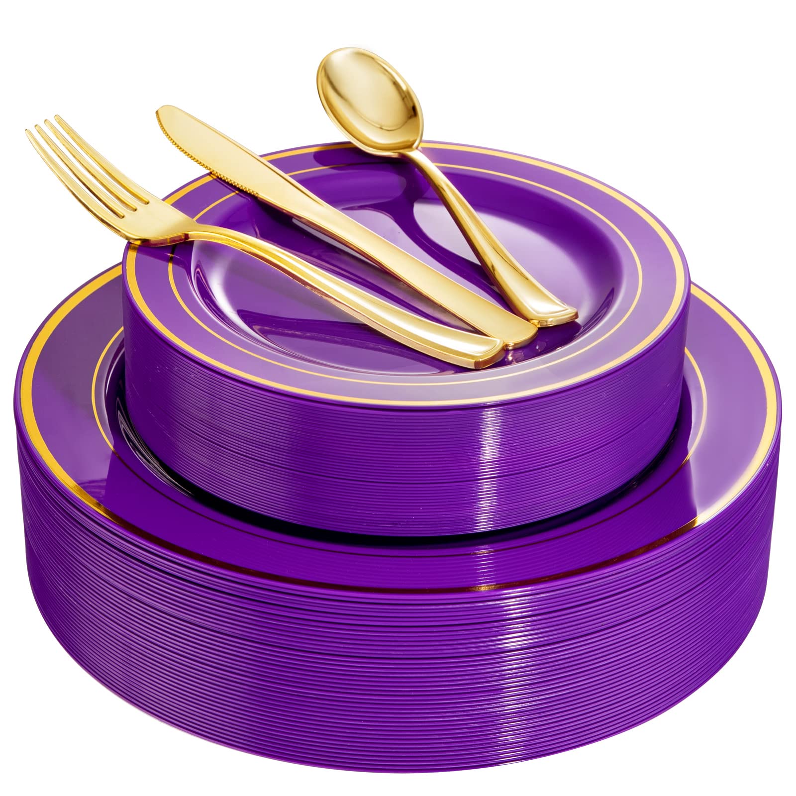 WELLIFE 200PCS Purple Gold Plastic Plates with Gold Plastic SilverwarePurple Plastic Dinnerware Includes 40 Dinner Plates40 Dessert Plates40 Gold Plastic Cutlery for Wedding