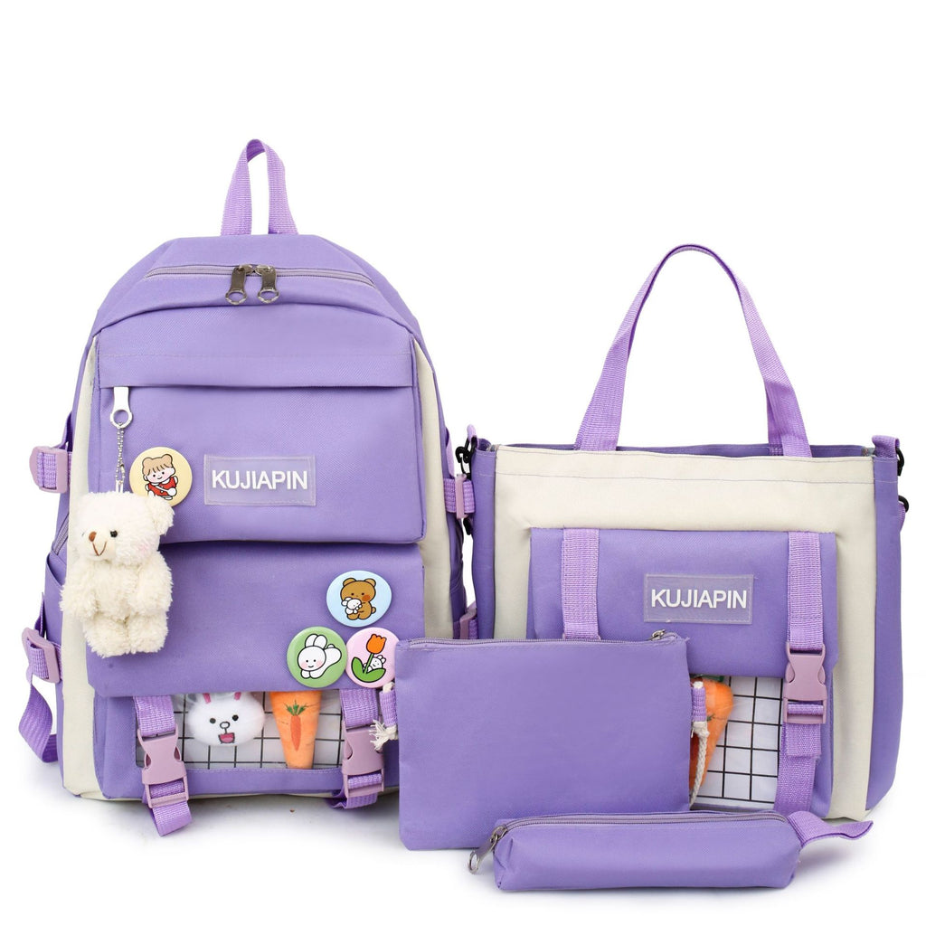 4pcs Women's Fashion Nylon Backpacks with Plush Pendant
