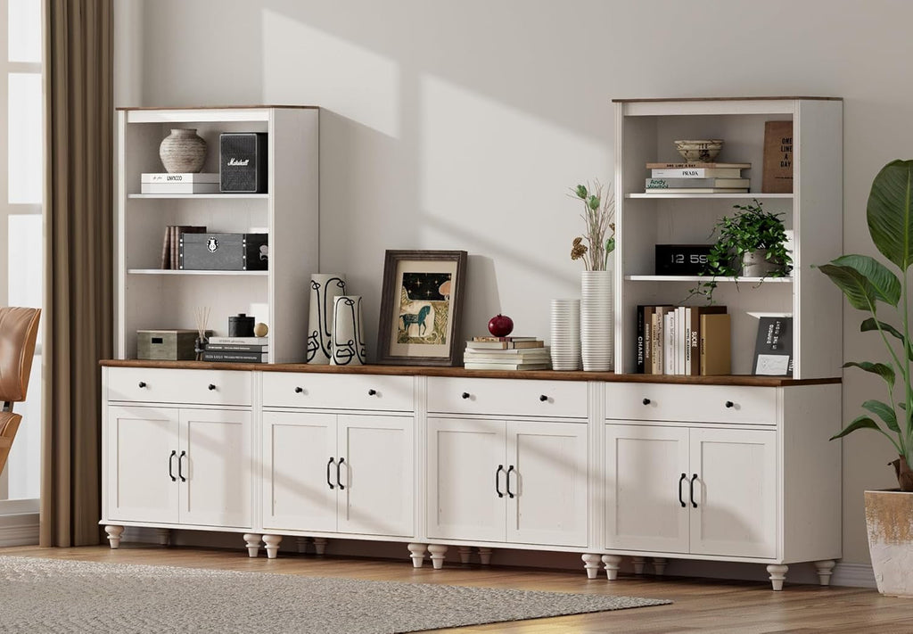 Farmhouse TV Stand For 75 Inch TV Off White 8 Doors