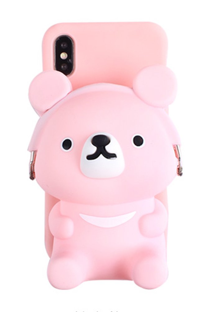 UnnFiko 3D Cartoon Pocket Case for iPhone X/iPhone Xs Pink Cute Bear Purse Stand Holder Squishy Soft Silicone Protective Phone Case for Girls Women (iPhone X/Xs)