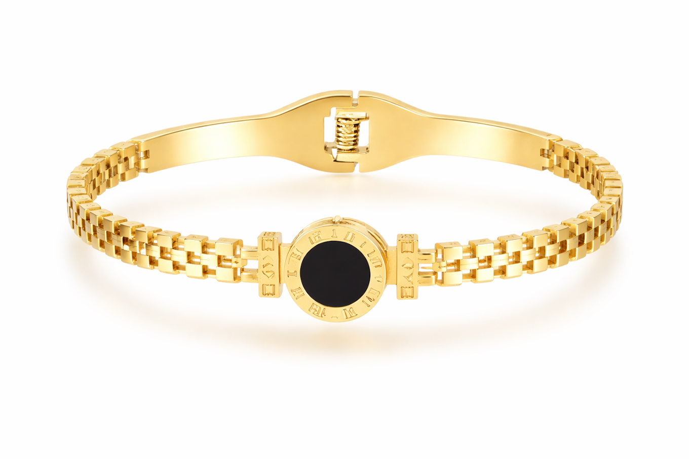 Gold Roman Numeral Black Onyx Bangle Bracelet